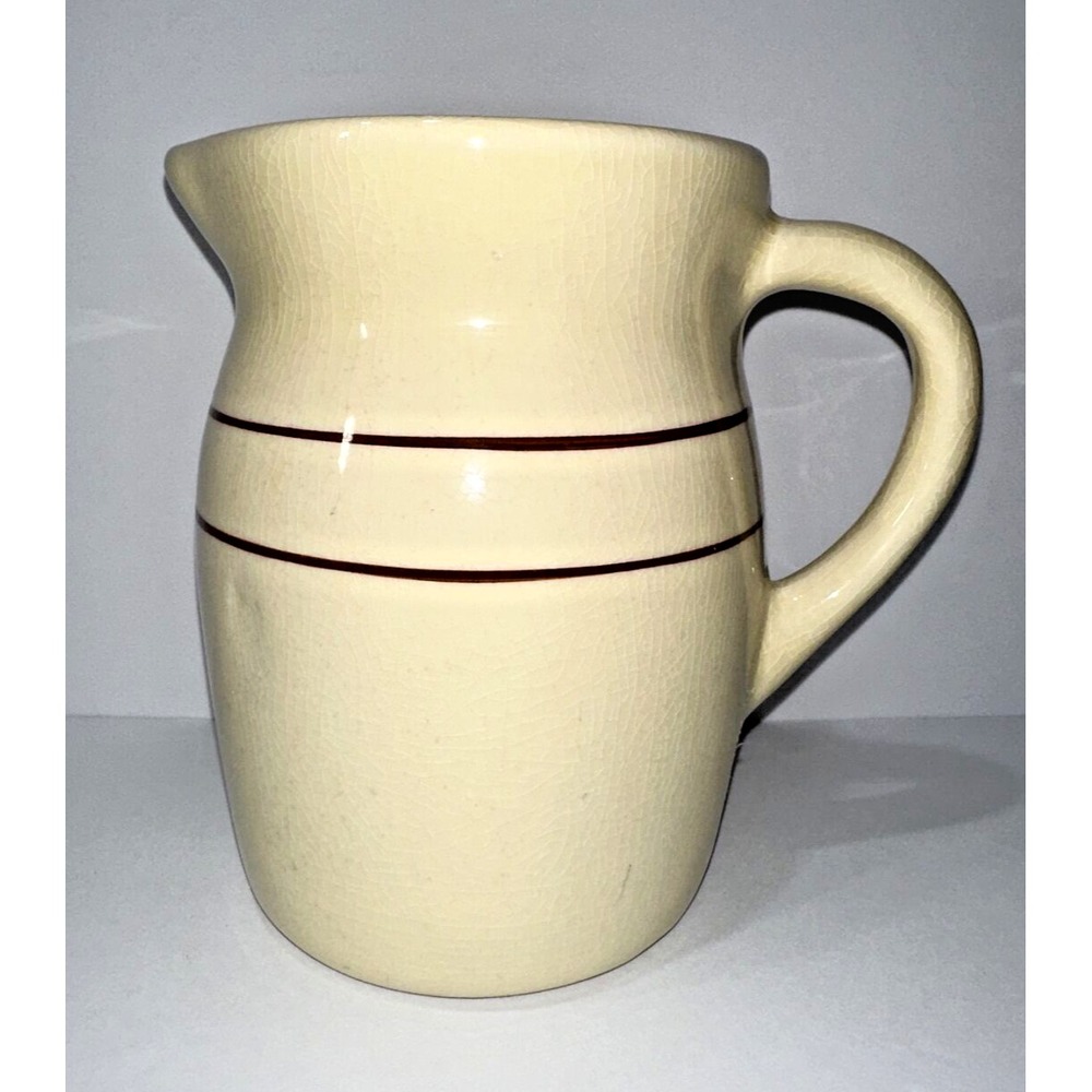 Vintage Hand Turned Pottery Milk Pitcher 32 Ounce Burgandy Stripe EUC